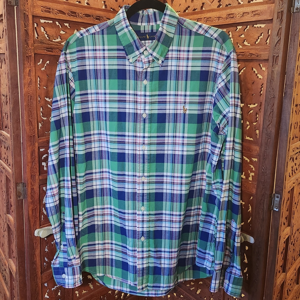 Ralph Lauren - Men's Green and Blue Plaid Shirt